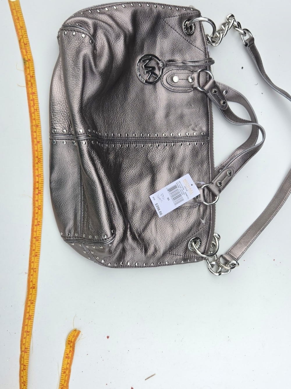 Michael Kors Metallic Silver-Taupe Studded Leather Shoulder Bag